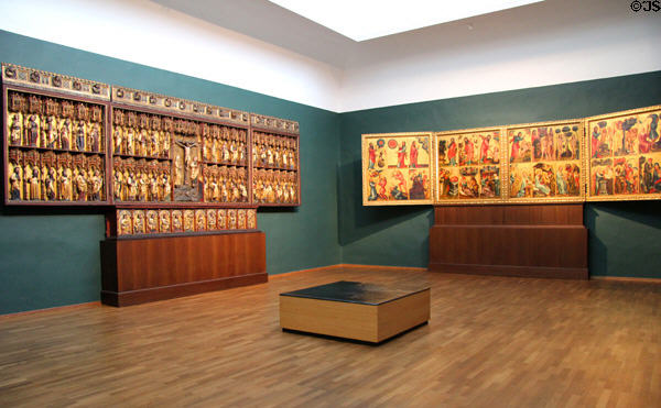Grabow Altarpiece (1383) on far wall by Master Bertram at Hamburg Fine Arts Museum. Hamburg, Germany.