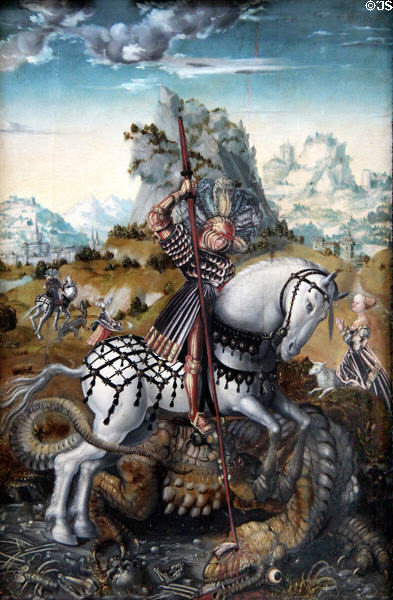 St George on Horseback painting (c1520) by Master of Döbeln High Altar at Hamburg Fine Arts Museum. Hamburg, Germany.