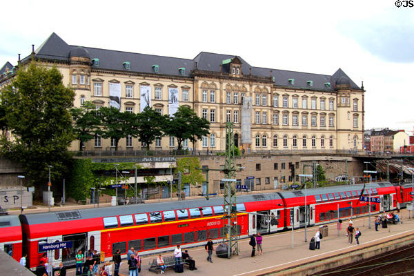 Commuter train stop in front of Hamburg Decorative Arts Museum. Hamburg, Germany.