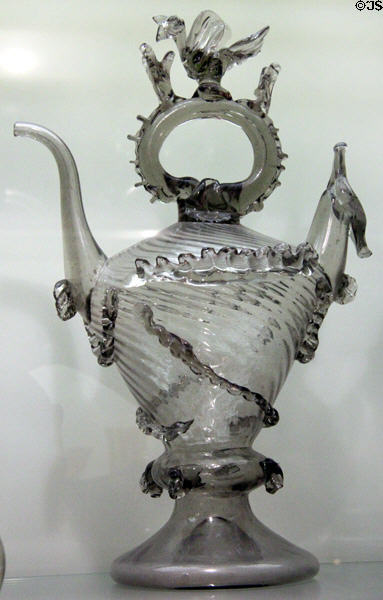 Blown glass wine cantir flask with bird on handle (17thC) from Catalonia at Hamburg Decorative Arts Museum. Hamburg, Germany.