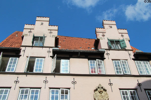 Stepped roofline of entrance building for Füchtings Courtyard. Lübeck, Germany.