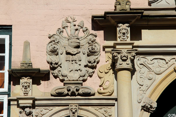 Detail of sandstone Baroque entrance arch for Füchtings Courtyard. Lübeck, Germany.
