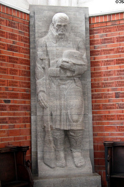 Carved memorial to WWI soldier at St Jacob's Church. Lübeck, Germany.