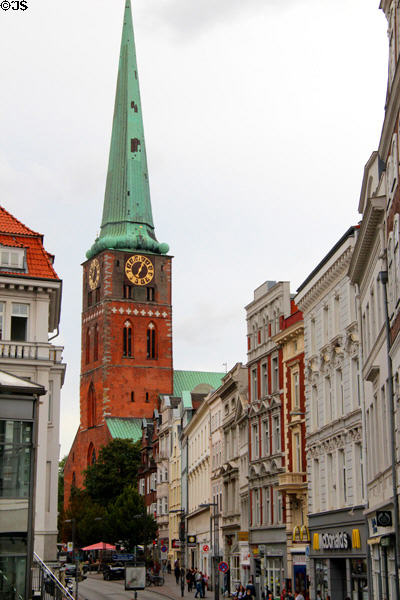 St Jacob's Church at end of streetscape. Lübeck, Germany.