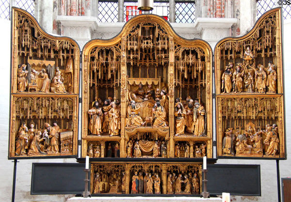 Altarpiece with scenes of life of Virgin at St Mary's Church. Lübeck, Germany.
