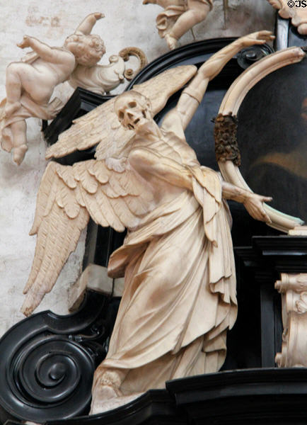Sculpted symbol of death on tomb at St Mary's Church. Lübeck, Germany.