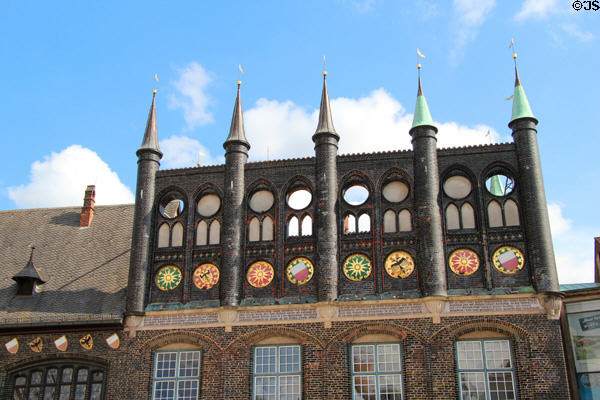 Upper story spires of New Chamber (1594-1612) at Lübeck Rathaus. Lübeck, Germany.
