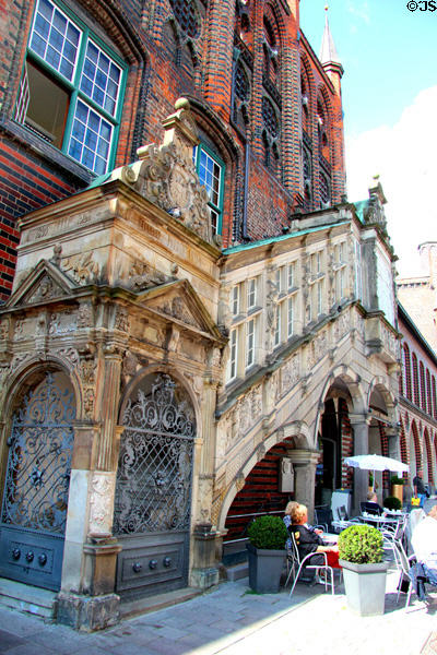Renaissance staircase (1594, rebuilt 1893 & 1927 +1957) (Breite Straße) at Lübeck Rathaus. Lübeck, Germany.