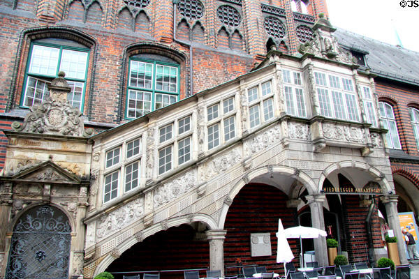Renaissance staircase entrance to New Room below Gothic shield wall at Lübeck Rathaus. Lübeck, Germany.