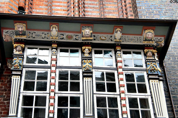 Detail of carvings on Renaissance oriel window (1586) to Breite Straße at Lübeck Rathaus. Lübeck, Germany.