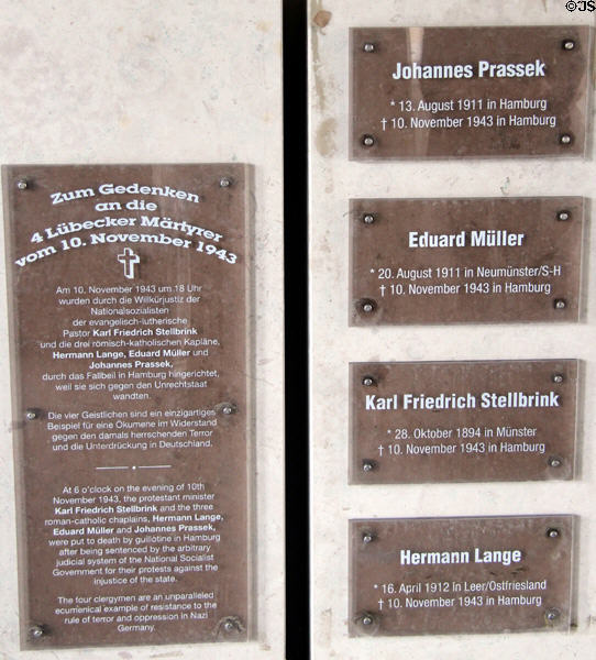 Memorial to four martyred clergymen of Lübeck who were guillotined on Nov. 10, 1943 by the Nazis for protesting injustice by the state in main building at Lübeck Rathaus. Lübeck, Germany.