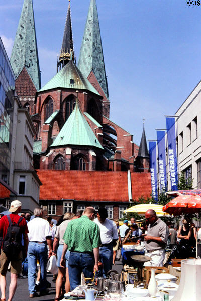 Flea market at base of Marien church. Lübeck, Germany.