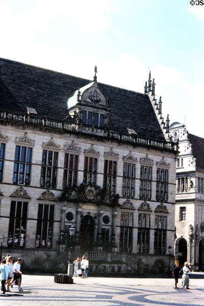 Schütting building (facade from 18thC) (on market square) initially served as guild house of city's merchants & tradesmen & in 1849 became Bremen's chamber of commerce. Bremen, Germany.