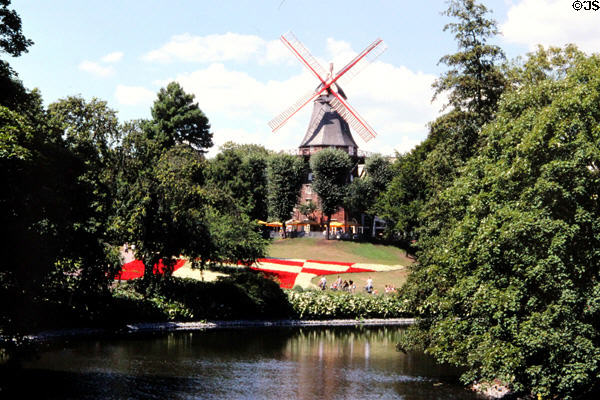 Windmill on town moat. Bremen, Germany.