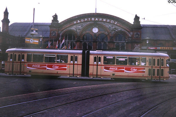 Streetcar passes Breman's main railway station. Bremen, Germany.