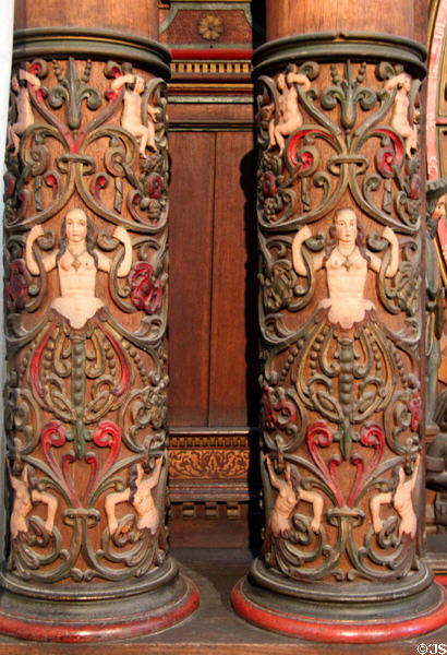 Carved pillars of Medieval astronomical clock (1472) at St Mary's Church. Rostock, Germany.