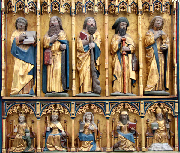 Details of crucifixion altar with Apostles & Saints at St Mary's Church. Rostock, Germany.