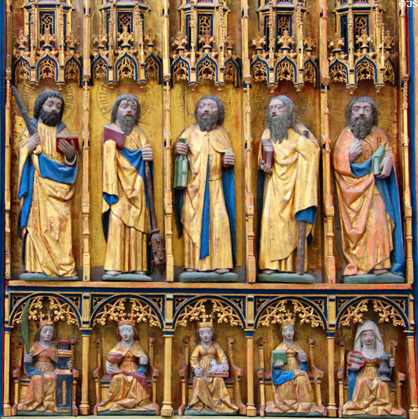 Details of crucifixion altar with Apostles & Saints at St Mary's Church. Rostock, Germany.