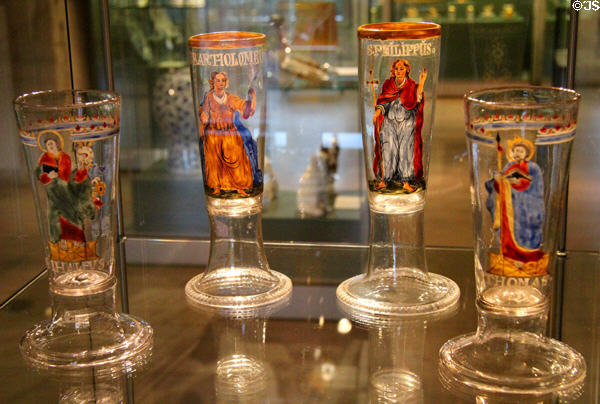 Lohgerber enameled glass beakers (1st half 18thC) feature 12 apostles at Cultural History Museum. Rostock, Germany.