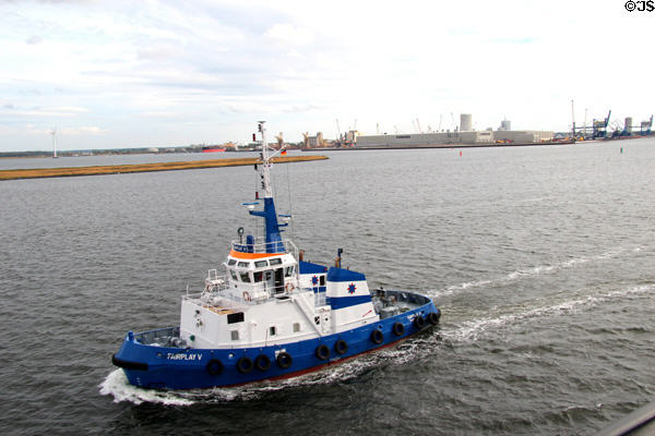 Tub boat on Warnow river. Rostock, Germany.