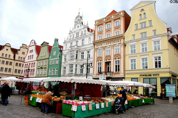 Rostock market square with postwar rebuilt heritage buildings beyond. Rostock, Germany.