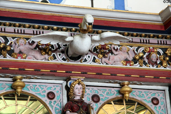 Swan carving on trim of Gottorf Palace Chapel. Schleswig, Germany.