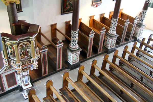 Carved pulpit & pews at Gottorf Palace Chapel. Schleswig, Germany.