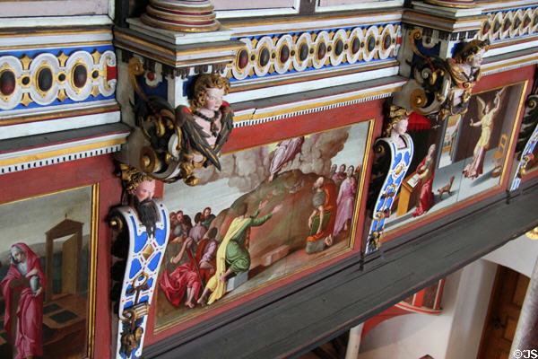 Biblical paintings on balcony around Gottorf Palace Chapel. Schleswig, Germany.