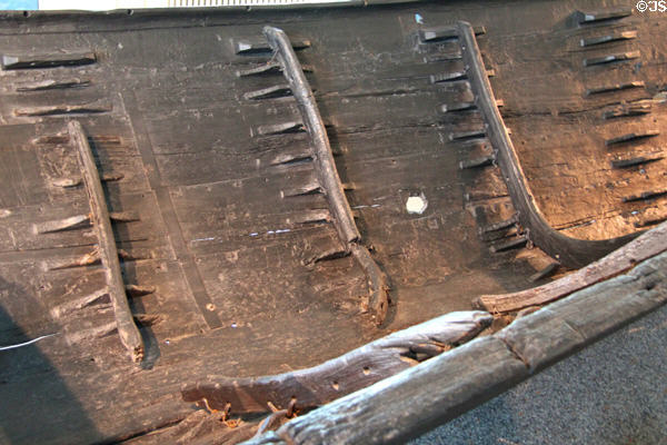 Interior construction details of Nydam ship at Schleswig Holstein State Museum at Gottorf Palace. Schleswig, Germany.