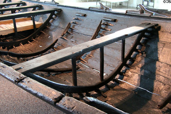 Interior construction details of Nydam ship at Schleswig Holstein State Museum at Gottorf Palace. Schleswig, Germany.