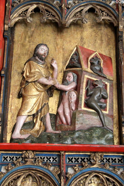 Christ walking on water to Adam & Eve surrounded by devils on winged altar carving (c1380) by circle of Master Bertram von Minden from Hamburg at Schleswig Holstein State Museum. Schleswig, Germany.