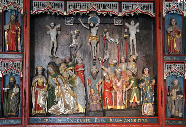 Carved wooden altar (c1460) with Crucifixion detail at Schleswig Holstein State Museum. Schleswig, Germany.