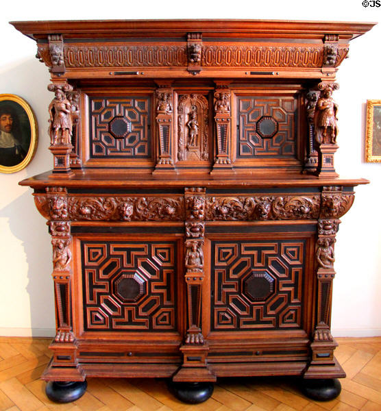 Carved oak & ebony cabinet cupboard (17thC) from Antwerp at Schleswig Holstein State Museum. Schleswig, Germany.