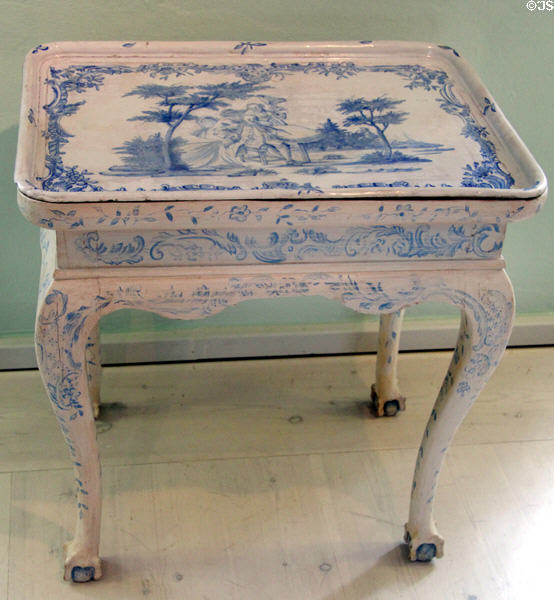 Faience side table top (18thC) made in Schleswig at Schleswig Holstein State Museum. Schleswig, Germany.