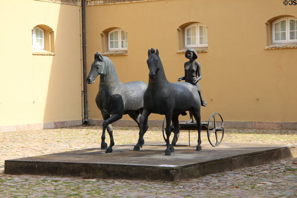Modern Chariot sculpture outside Gottorf Palace farm galleries of Schleswig Holstein State Museum. Schleswig, Germany.