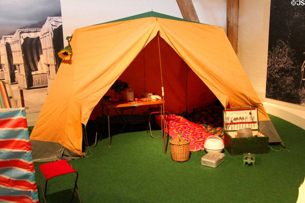 Collection of antique camping equipment at Schleswig Holstein State Museum. Schleswig, Germany.