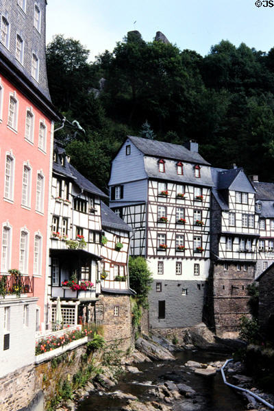 Houses along Rur River. Monschau, Germany.
