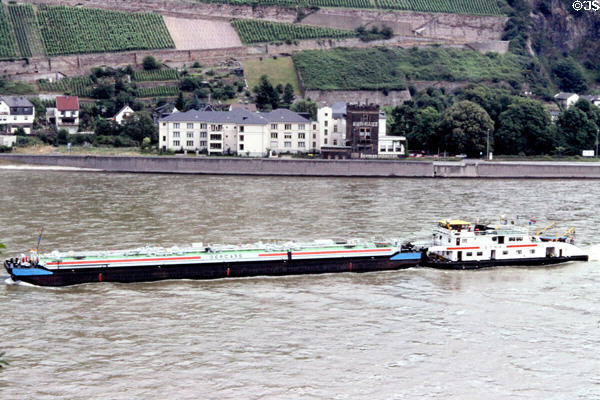 Barge traveling along Rhine River. Germany.