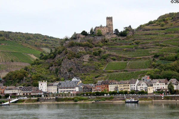 Crenulated Gutenfels castle (1220) above town. Kaub, Germany.