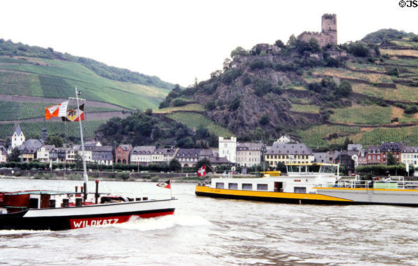 Busy Rhine River traffic with Gutenfels Castle in background. Kaub, Germany.