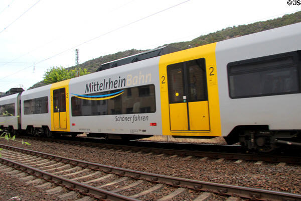 Middle Rhine passenger train stopped at station. Oberwesel, Germany.