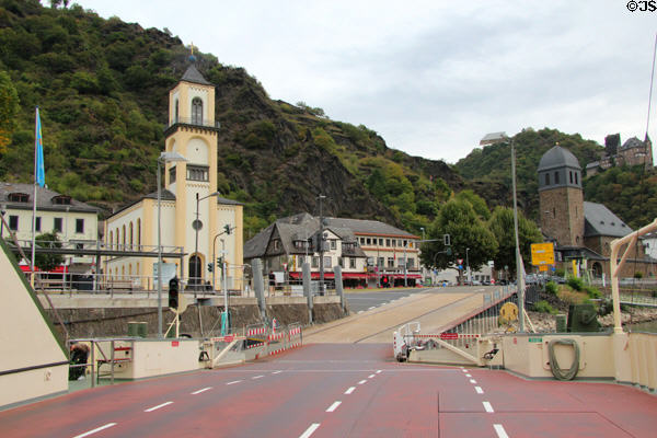 Ferry dock bracketed by the Evangelical Church & St John's Catholic Church. St. Goarshausen, Germany.