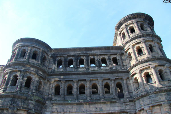 Upper arcades & towers on inner side of Porta Nigra. Trier, Germany.