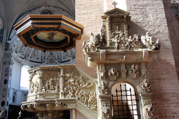 Ornately carved pulpit at Trier Cathedral. Trier, Germany.