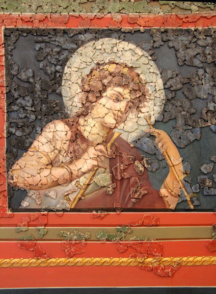 4. Roman ceiling fresco (4thC) section depicting woman with halo & indeterminate objects at Cathedral Museum. Trier, Germany.