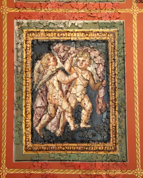 7. Roman ceiling fresco (4thC) section depicting pair of cupids with purple cloth at Cathedral Museum. Trier, Germany.
