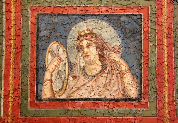 14. Roman ceiling fresco (4thC) section depicting woman with halo & mirror at Cathedral Museum. Trier, Germany.