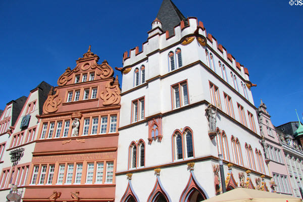 Facades of buildings lining Hauptmarkt. Trier, Germany.