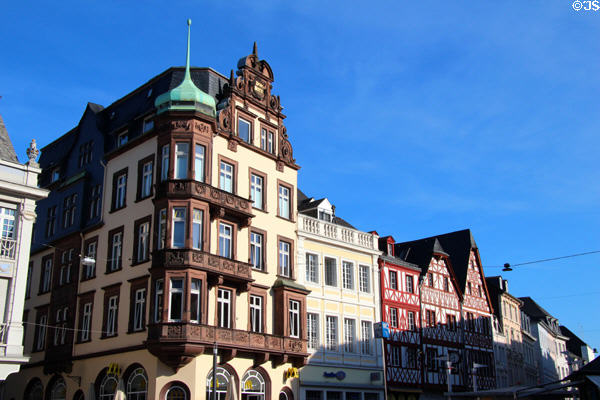 Half timbered & other decorative building facades on Hauptmarkt. Trier, Germany.