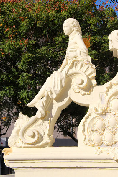 Detail of St George's Fountain on Kornmarkt. Trier, Germany.